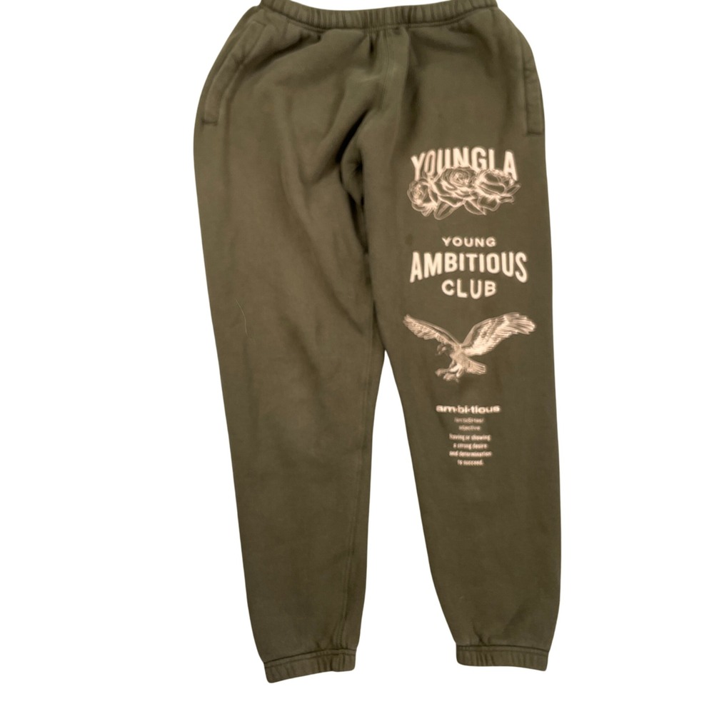 YOUNG LA Sweatpants Mediun 26W  27L Olive Green Graphic Ambitious Eagle Rose Jog